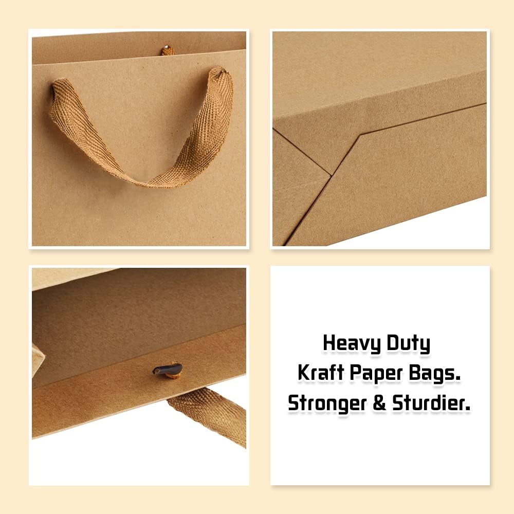 25Pcs Gift Bags Heavy Duty Kraft Brown Paper Bags with Handles, Sturdy Large Paper Gift Sacks for Shopping, Retail, Merchandise, Wedding Party Favor