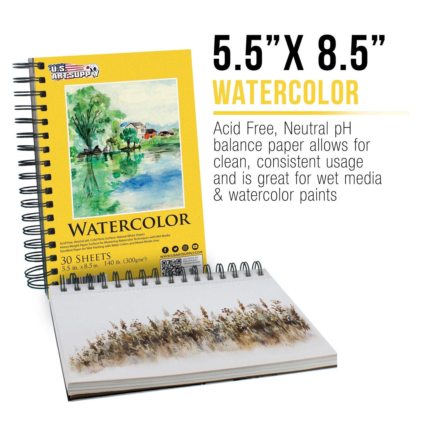 5.5&#x22; x 8.5&#x22; Premium Heavyweight Watercolor Paper Pad, Pack of 3 (30 Sheets Each), 140lb (300gsm) - Spiral Bound, Cold Pressed, Acid-Free, Wet, Water Color Paper - For Artists, Students