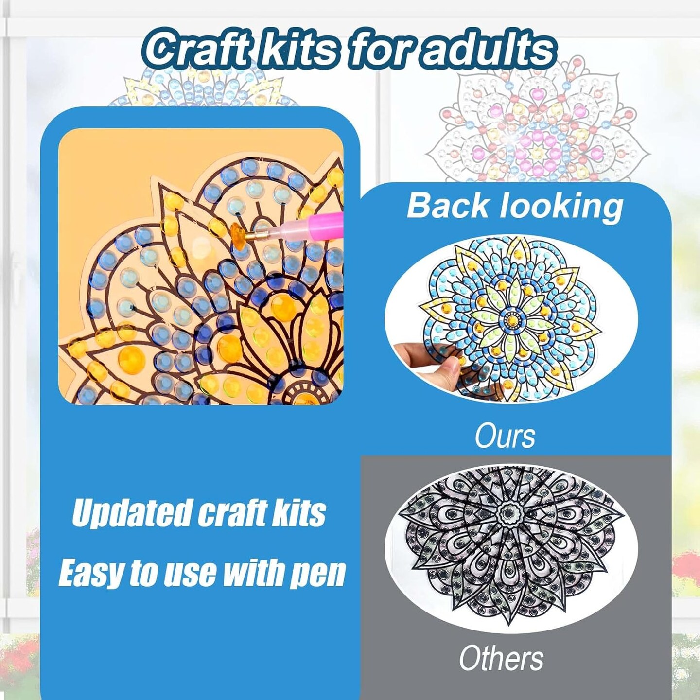 Diamond Art Stained Glass Window Clings with Diamond DIY Pen, 3 Pcs Mandala Window Stickers for Suncatchers, Diamond Art Kits for Adults