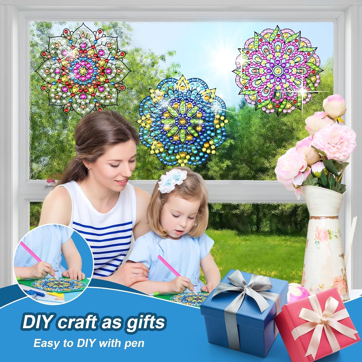 Diamond Art Stained Glass Window Clings with Diamond DIY Pen, 3 Pcs Mandala Window Stickers for Suncatchers, Diamond Art Kits for Adults
