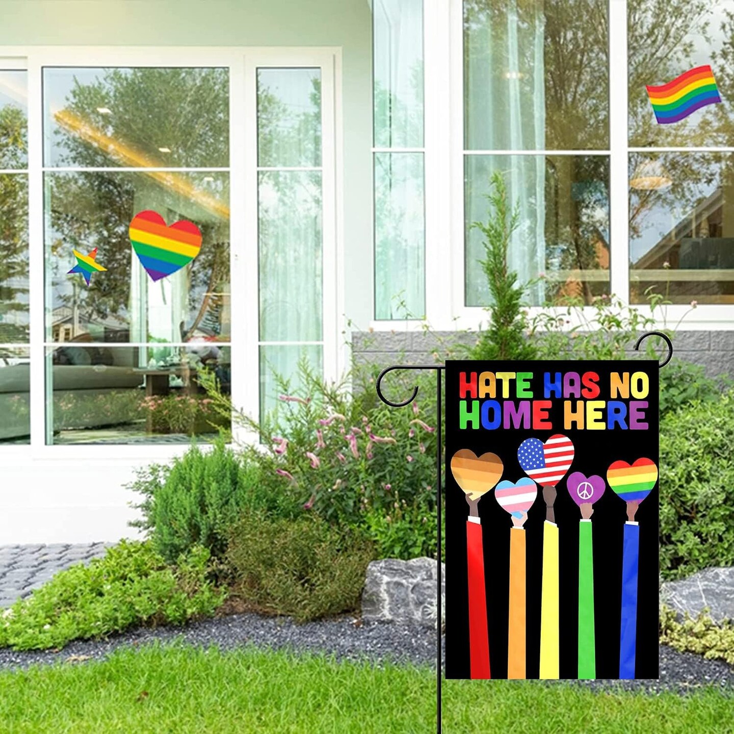 Pride Garden Flag, Rainbow Progress Pride Flags, Double Sided LGBTQ Progress Yard Flag 12x18 Inch for Lesbian Gay Bisexual Pride Month Yard Outdoor Decorations (Love2)