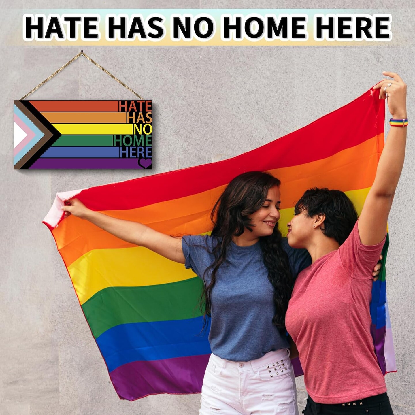 LGBT Rainbow Sign Front Door Decor, Hate Has No Home Here Pride Flag Wooden Wall Decor,Gay Pride Rainbow Decorations for Home Wall Porch Front Door Classroom