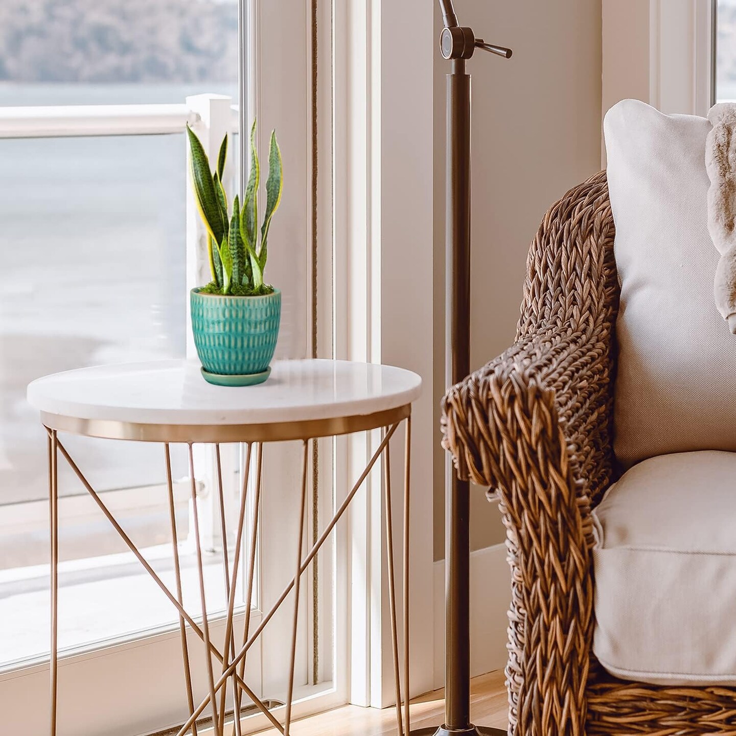 3 Set Ceramic Planters with Drainage Hole and Ceramic Tray Set (Teal)