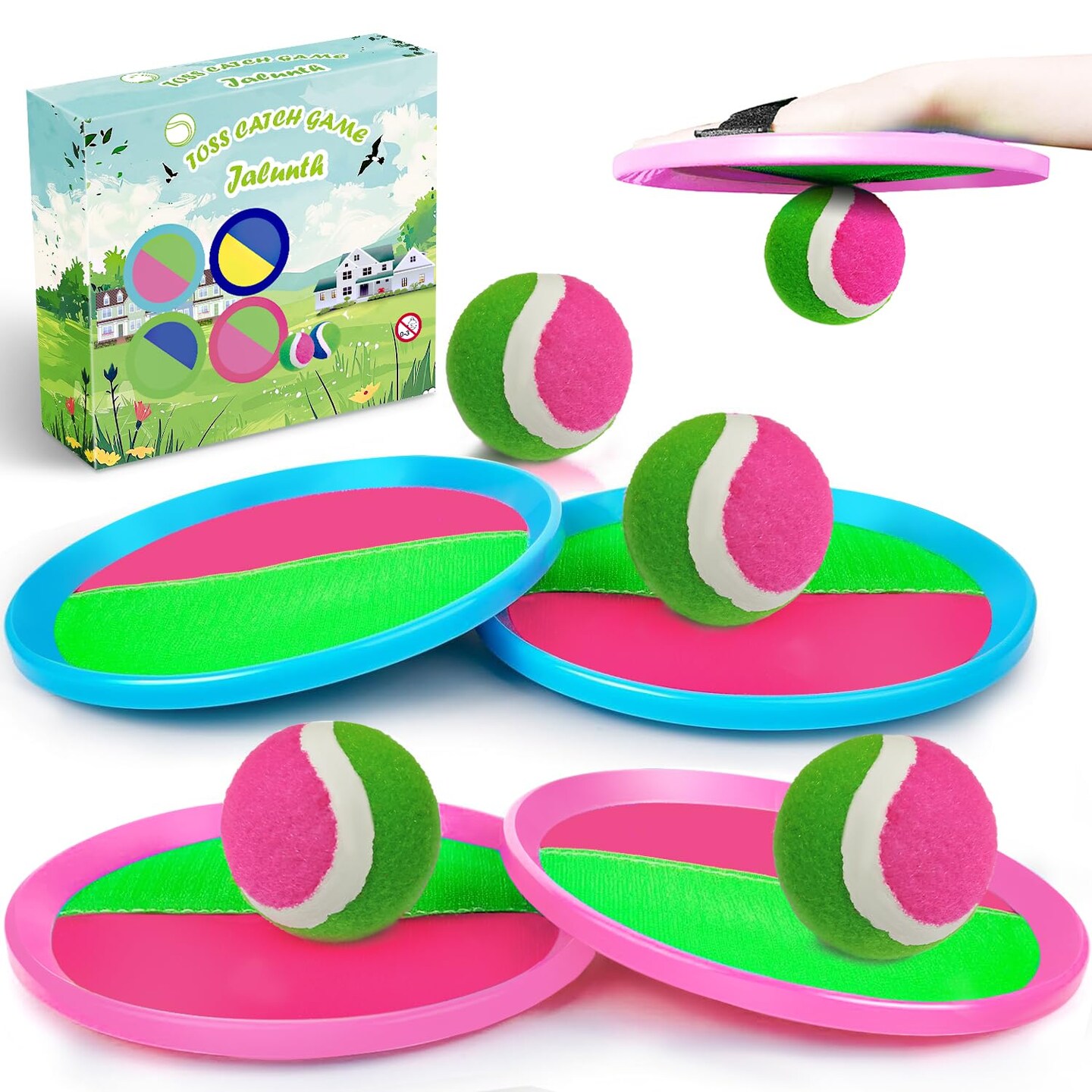 Ball Catch Set Games Toss Paddle - Beach Toys Back Yard Outdoor Pool Backyard Camping Throw Age 3 4 5 6 7 8 9 10 11 12 Years Old Boys Girls Kids Adults Family Pink Blue Gifts 2 Pack