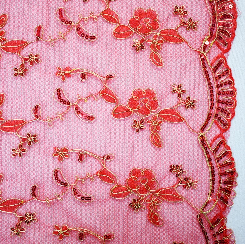 Red-Gold Nylon Floral Embroidery Sequin Mesh Tulle Fabric By the Yard ...