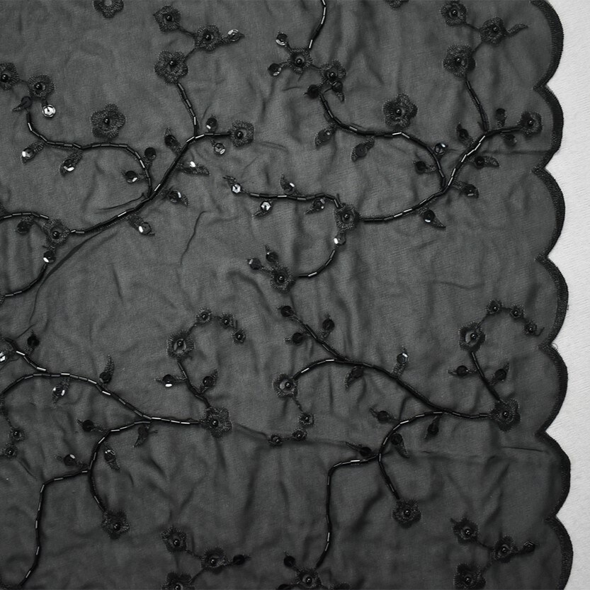 Black Polyester Embroidered Floral Vine Sequin Beaded Chiffon Woven Fabric By the Yard