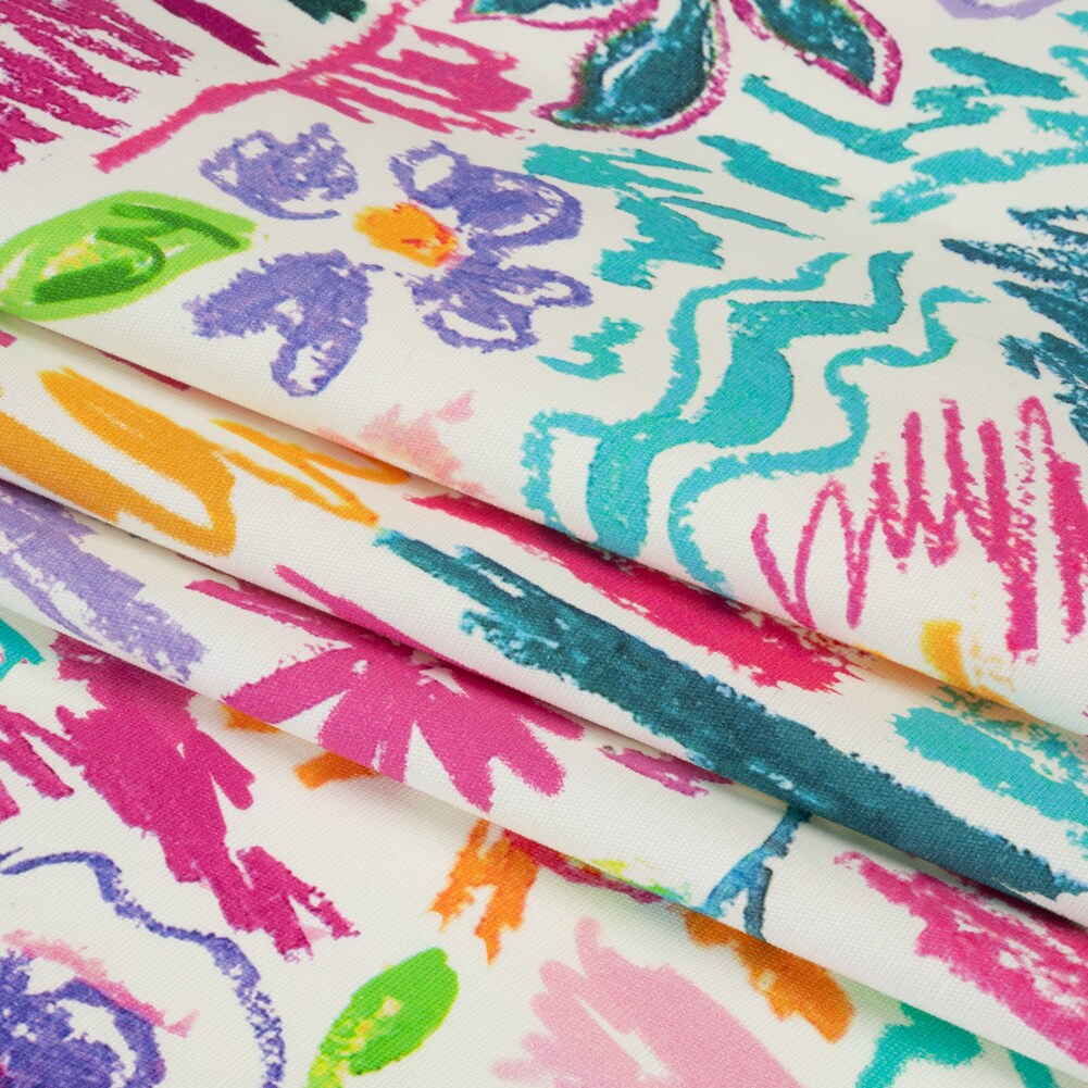 1 Yard Stretch Cotton Canvas Print White and Rainbow Crayon Flowers Inner Child