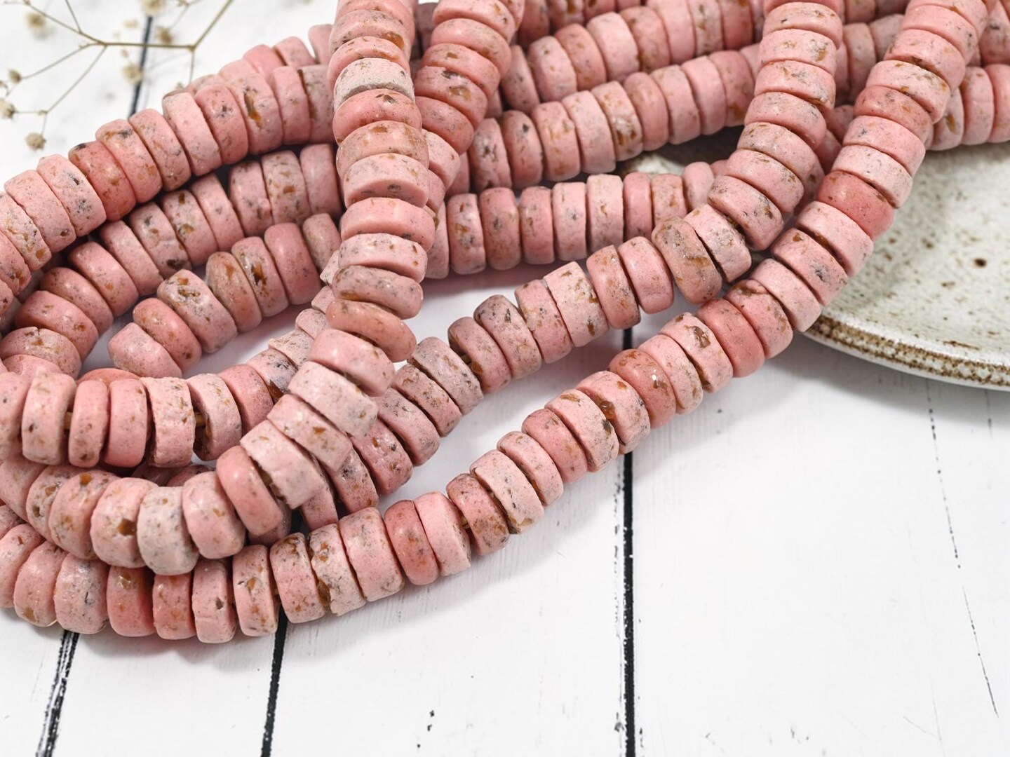 13mm Rustic Pink Recycled African Glass Ashanti Heishi Beads (10" Strand)