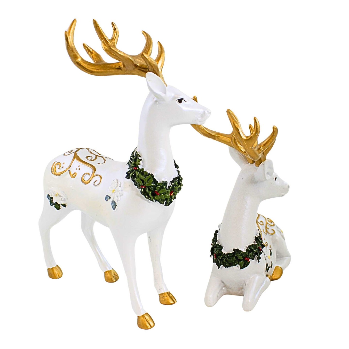 Roman 10.75 In Deer Figurines White Poinsettia Christmas Figurine Set , Christmas Decor Reindeer Elegant