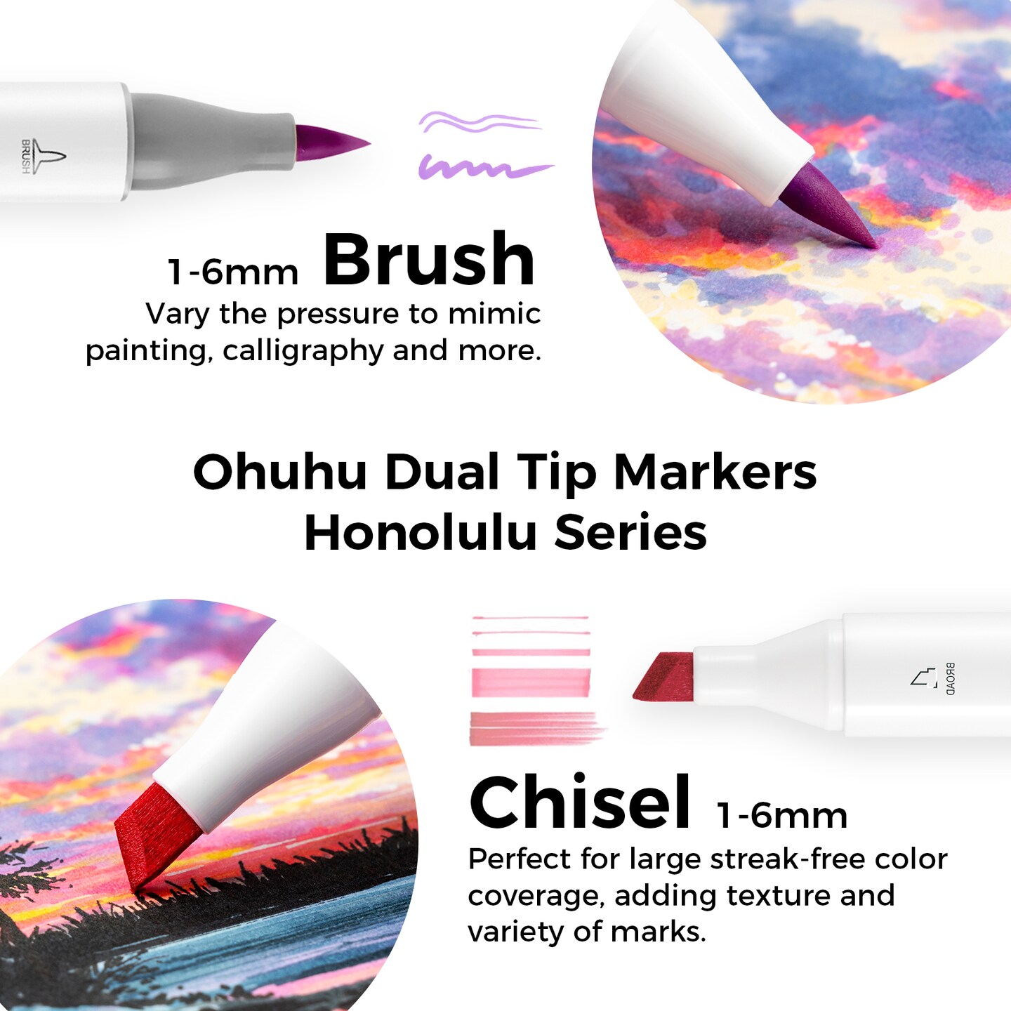 Ohuhu Honolulu 104 Colors Alcohol-Based Markers - Dual Tip Brush &#x26; Chisel