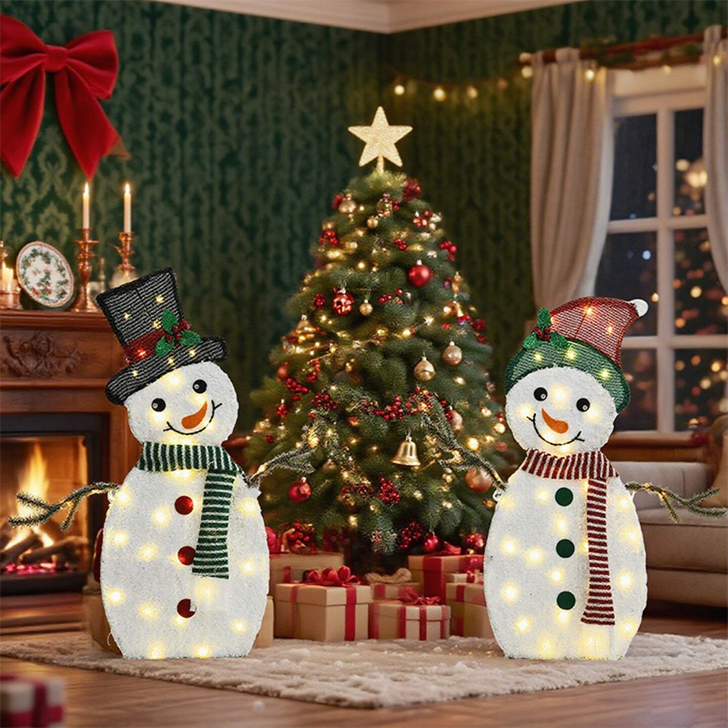 Set of 2 Heart Shaped Snowmen with Warm LED Lights Indoor Outdoor Christmas Decoration 30&#x22; &#x26; 32&#x22; Tall