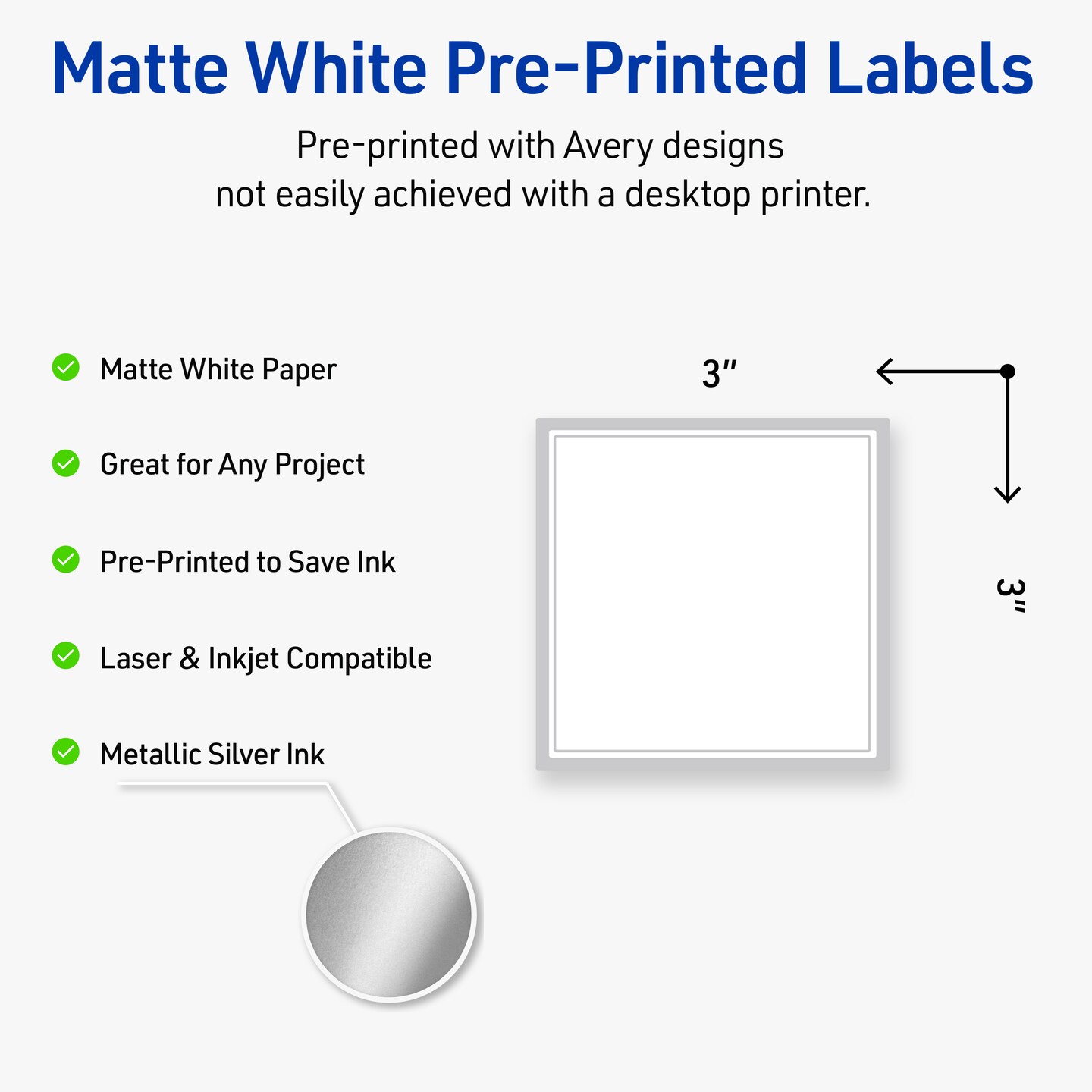 Avery Printable Square Labels with Sure Feed Technology, Pre-Printed Silver Mirror Metallic Design, Matte White, 3" x 3", Laser & Inkjet Compatible, 60 Total