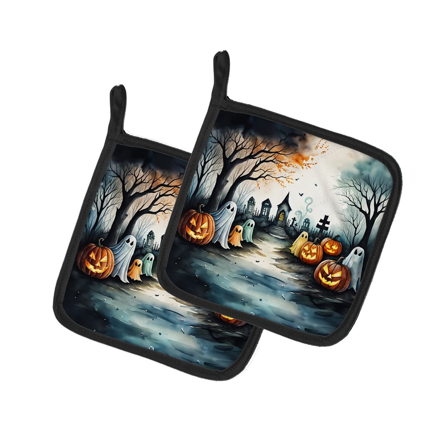 Edge Collections - 7.5" x 7.5" - Multicolor - Ghosts Spooky Halloween Decorative Pot Holders - 1 Pair