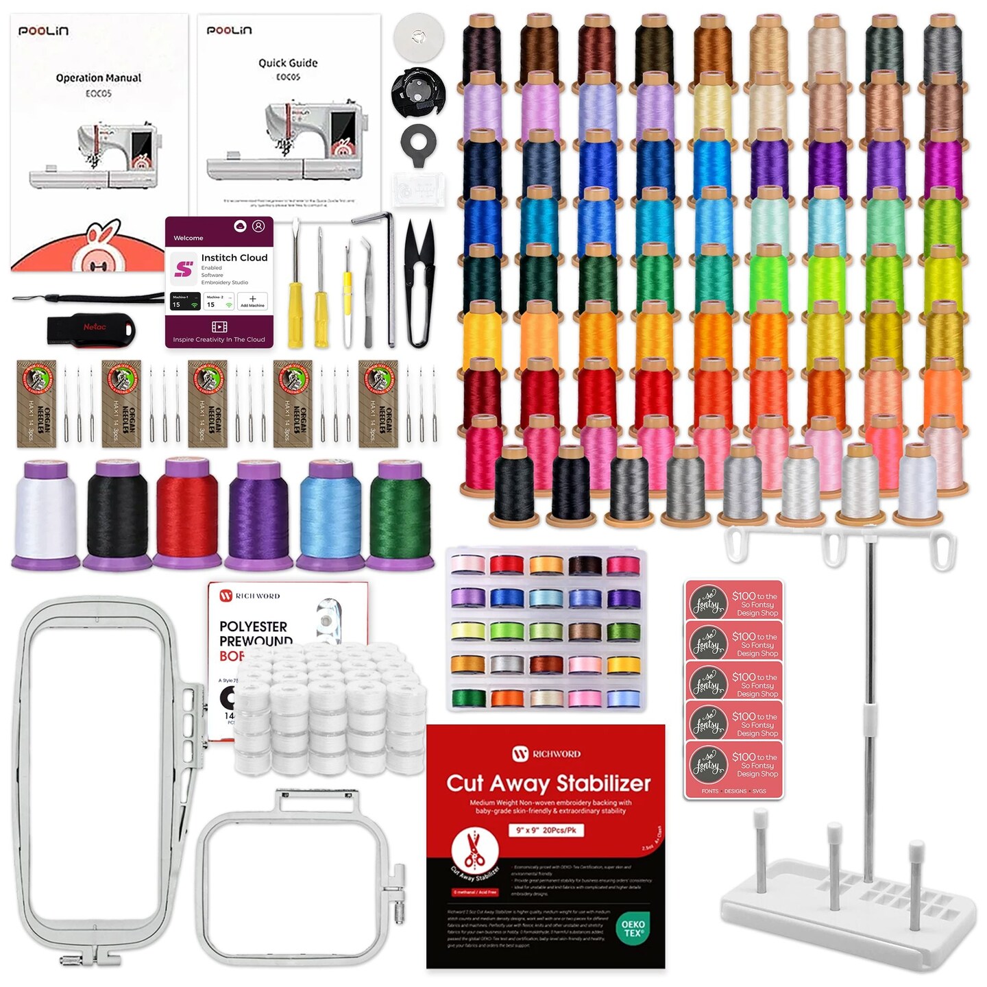POOLIN EOC05 4in x 9.2in Embroidery Machine with 86 Embroidery Spools Bundle