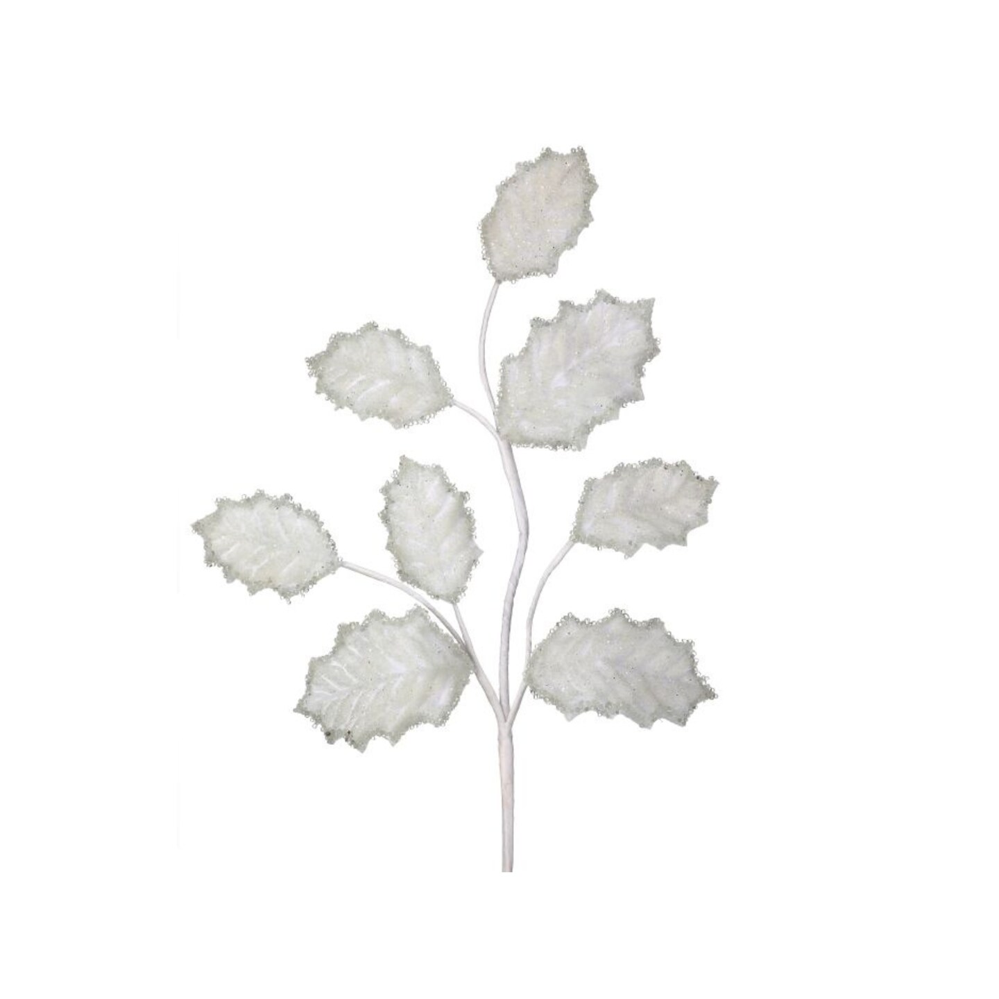 27" White Beaded Iced Holly Leaf Pick – Glitter Christmas Greenery Stem for Wreaths & Holiday Decor-MTX75967-WHT