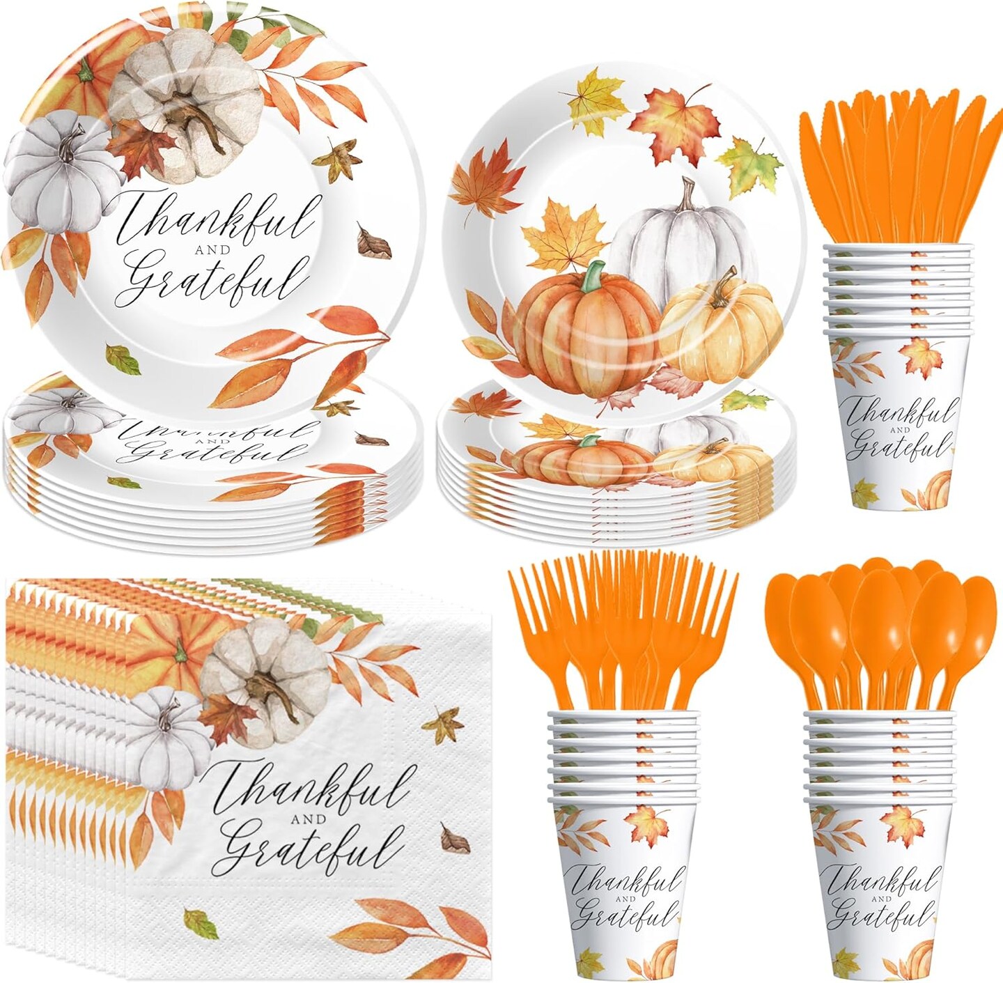 Thanksgiving Party Supplies - Paper Plate, Cup, Napkin, Disposable Cutlery (Serves 24)