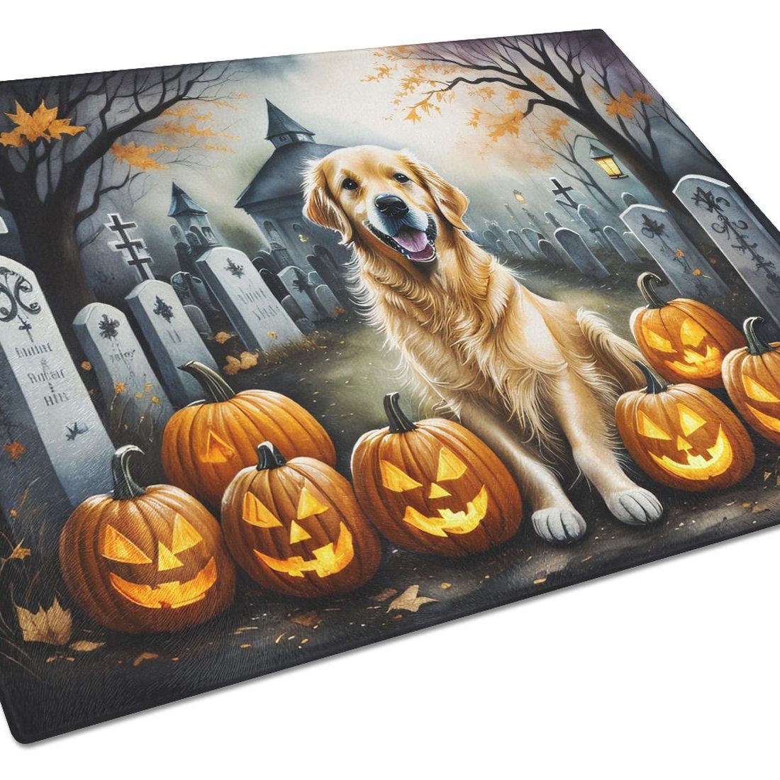 Edge Collections - 15" x 12" - Multicolor - Halloween Golden Retriever Decorative Glass Cutting Board - 1 Piece