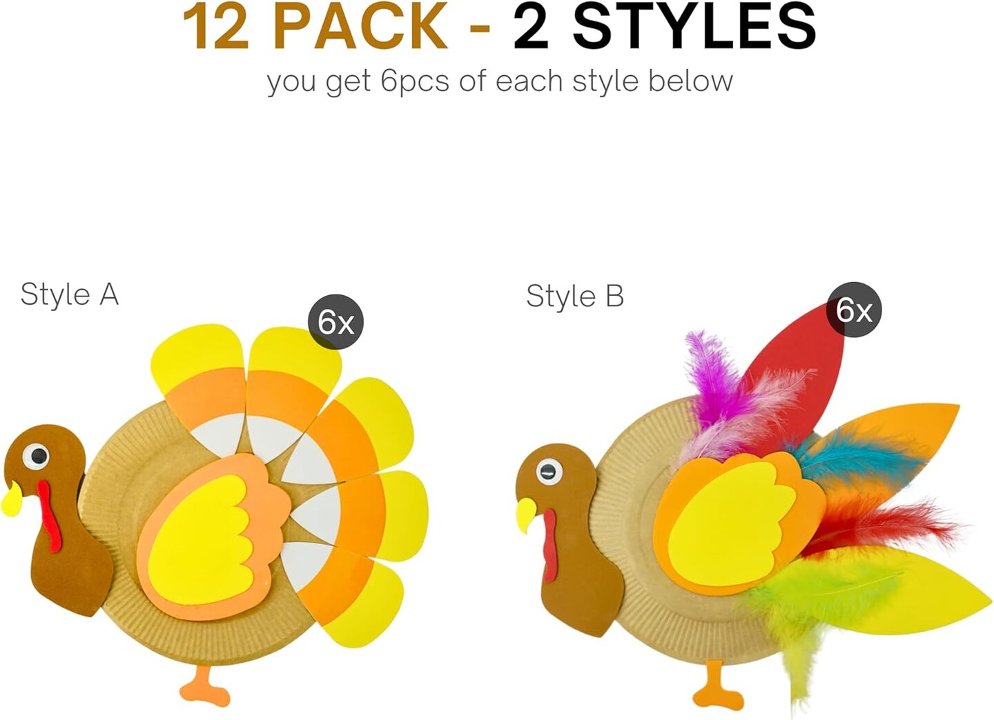 4E's Novelty Turkey Plate Craft Kit for Kids (4 Pack) – DIY Thanksgiving Arts & Crafts, 2 Styles, Self-Adhesive Foam Stickers, Feathers & Googly Eyes, Fall Activity for Toddlers, Kids & Classroom Fun