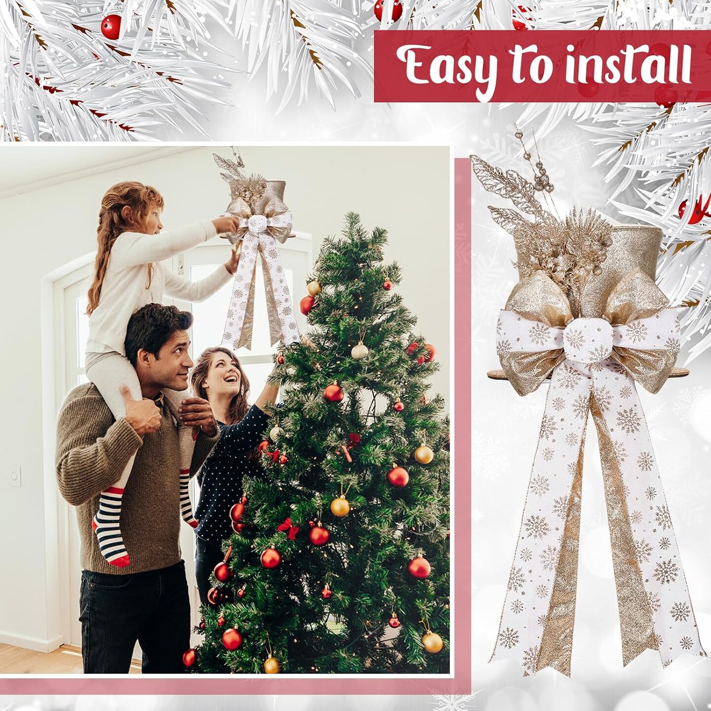 Christmas Tree Topper - Shiny Sequins Top Hat with Bow (Gold)