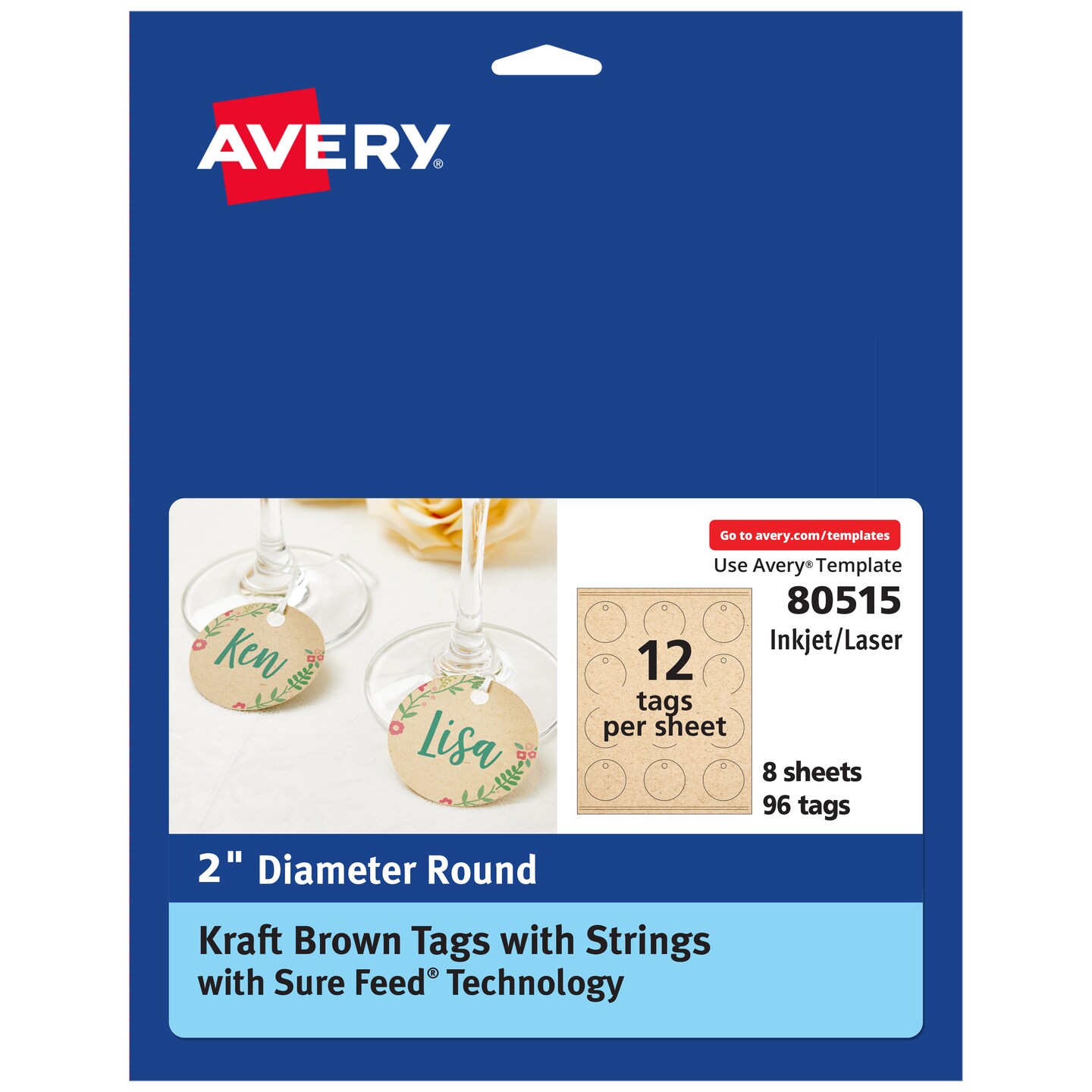Avery Kraft Brown Round Tags with Sure Feed Technology, 2&#x22; Diameter, Laser/Inkjet, 96 Printable Tags with Strings Included, Also Great for Gift Tags and Favor Tags (80515)