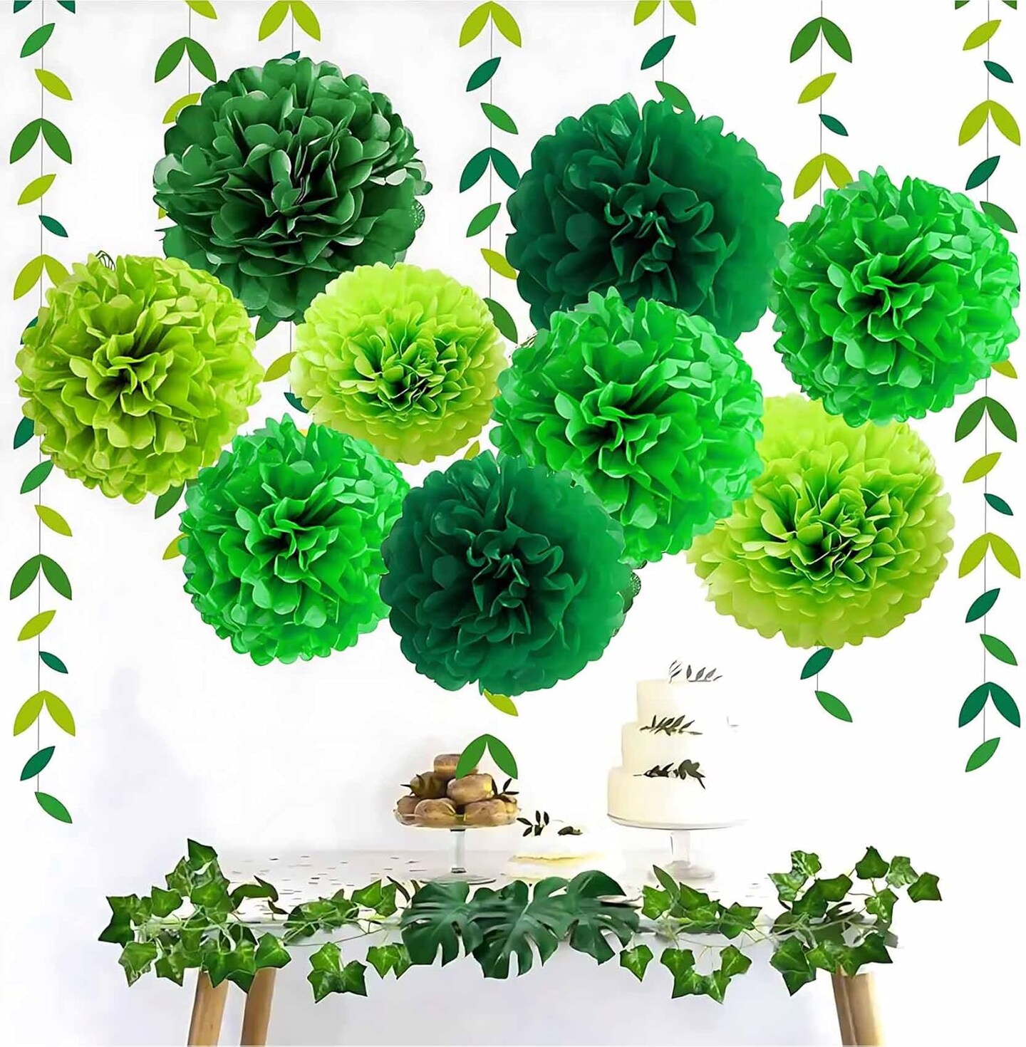 Tissue Paper Pom Poms(Green Dark Green and Light Green)8"L x 8"W