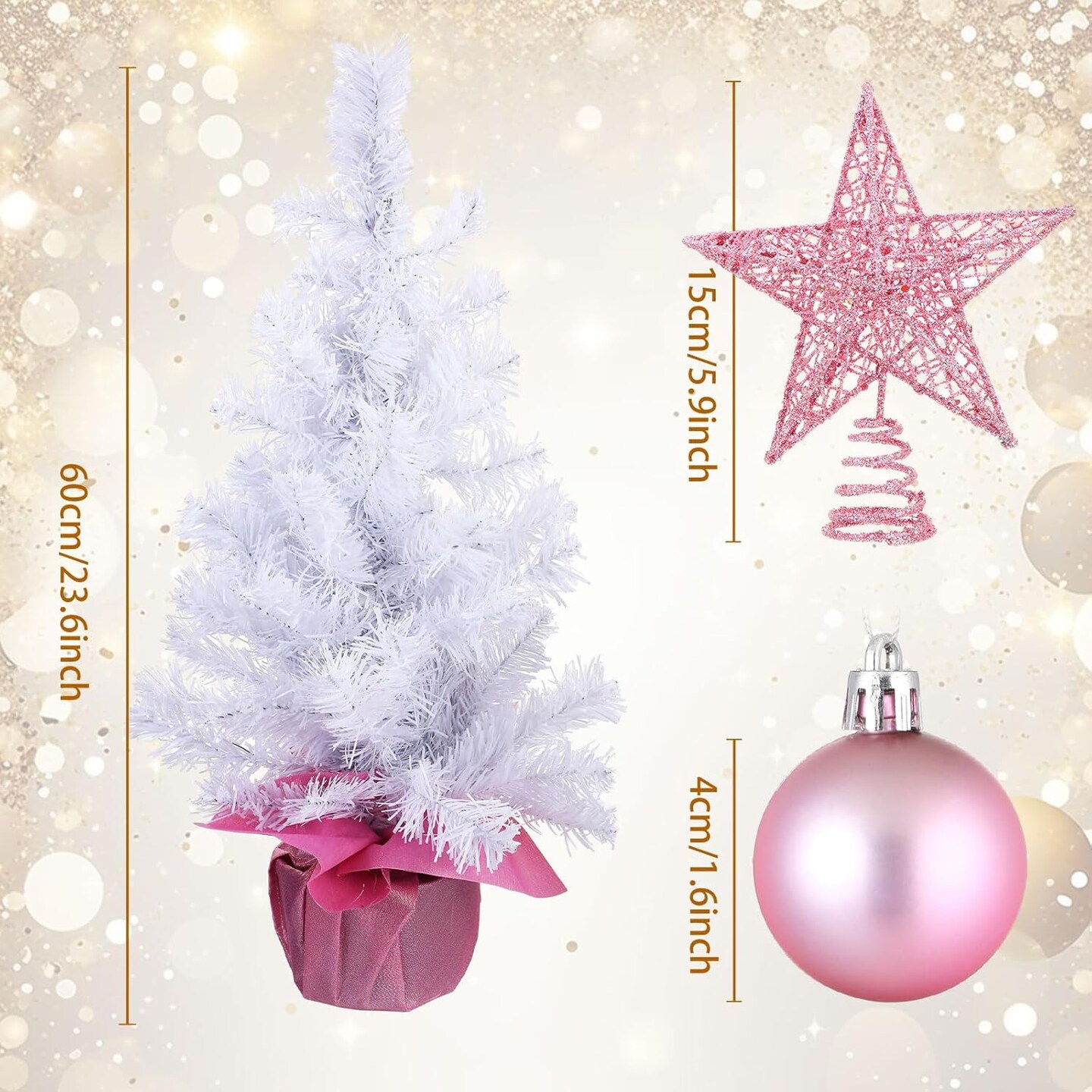 24 Inch Tabletop Mini Christmas Tree Set with Lights, Star & 24 Ball Ornaments (Pink, White Tree)