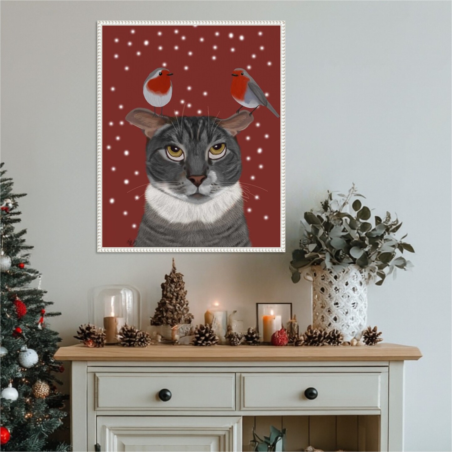 Grey Cat and Robins by Fab Funky 23-in. W x 28-in. H. Canvas Wall Art Print Framed