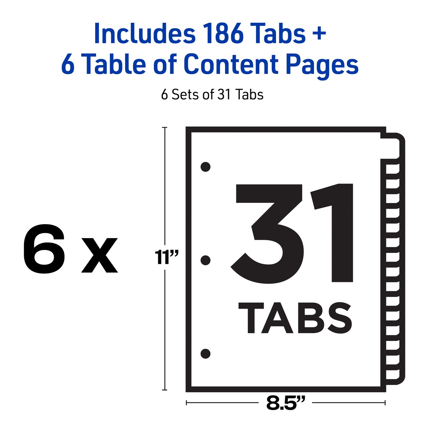 Avery 1-31 Dividers for 3 Ring Binders, 31 Tabs per Set, Customizable Table of Contents, Multicolor Tabs (6 Sets of 11831)