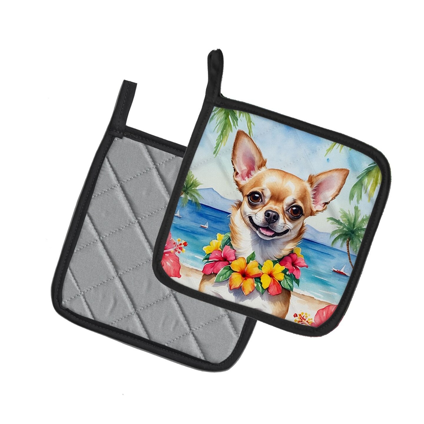 Edge Collections - 7.5" x 7.5" - Multicolor - Chihuahua Luau Pair of Heat Resistant Pot Holders - 1 Pair