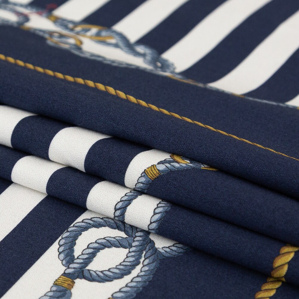 1 Yard Stretch Cotton Sateen Navy and Gold Stripes and Ropes Lighthouse Adventures Print St Tropez Collection