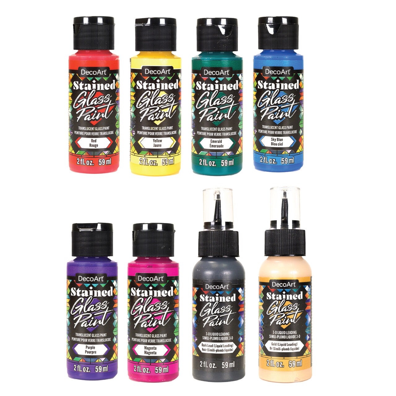 DecoArt Stained Glass Paint Rainbow Colors Set &#x2013; 8-Piece Kit with 6 High Gloss Translucent Colors &#x26; 2 Metallic Liquid Leadings for Glass, Plastic &#x26; Window Crafts