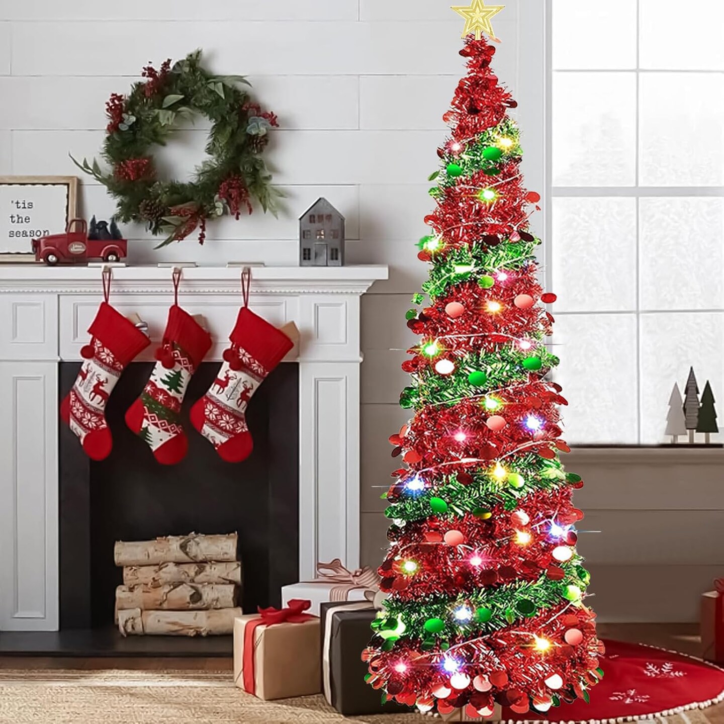 5 Ft Pop Up Christmas Tree with 50 Lights(Red a)15&#x22;D x 15&#x22;W x 60&#x22;H