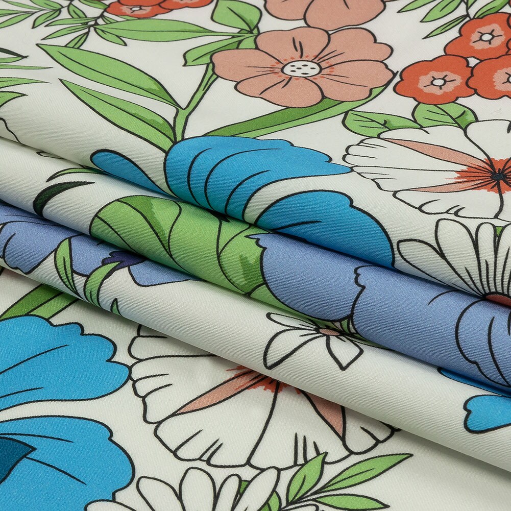 1 Yard Stretch Cotton Sateen Blue Springing Up Floral Print Fabric