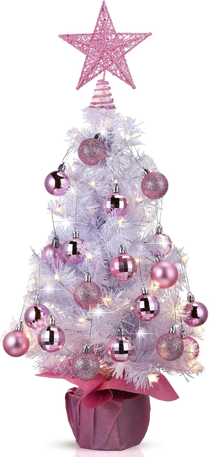 24 Inch Tabletop Mini Christmas Tree Set with Lights, Star & 24 Ball Ornaments (Pink, White Tree)