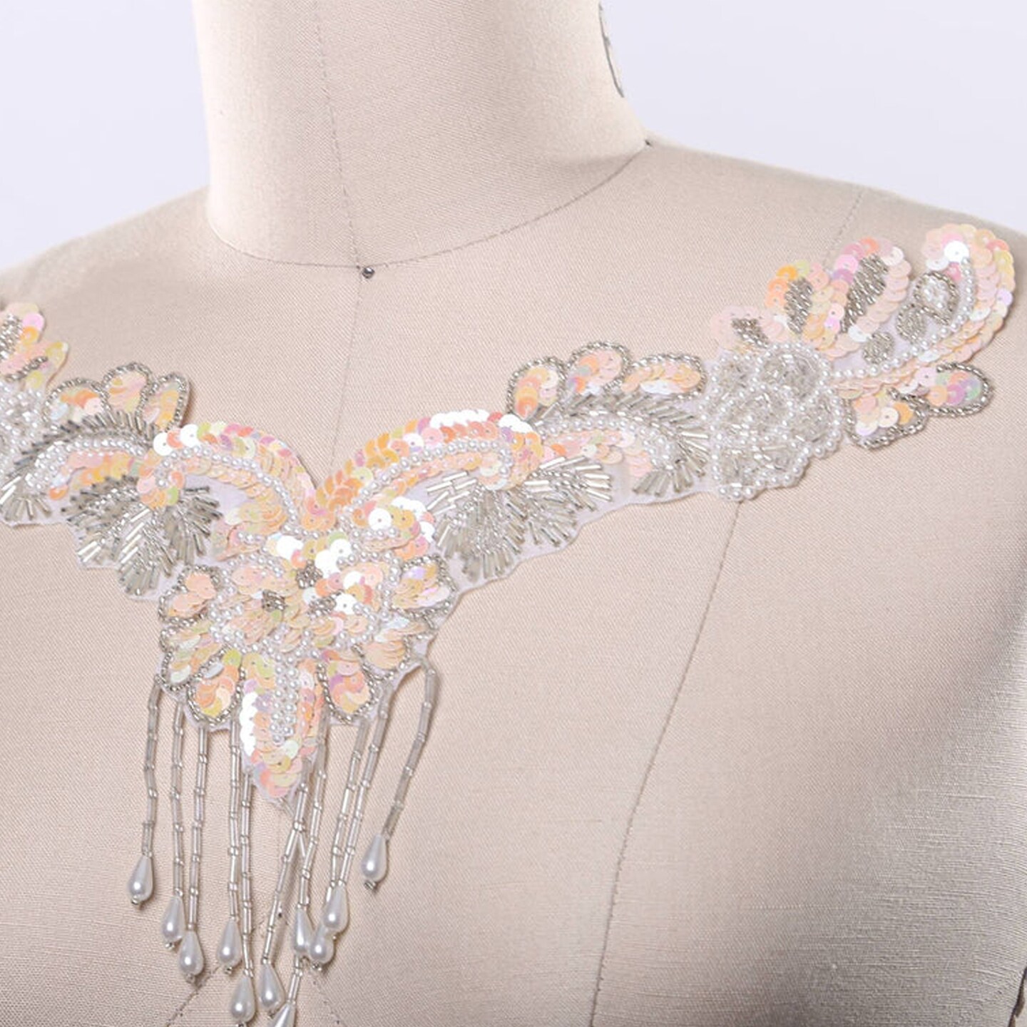 ! Piece Peach V Neck Applique with Sequin Beaded Fringe and Rhinestone Detailing