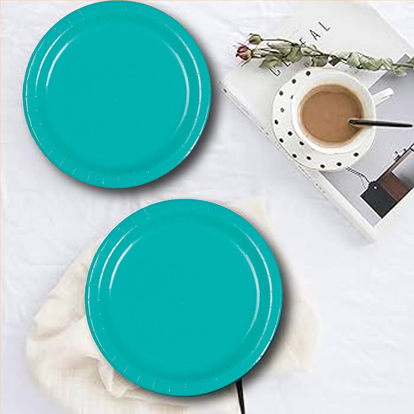 24 Count Teal Round Paper Dessert Plates for Coastal Party Vibes 7 Inch