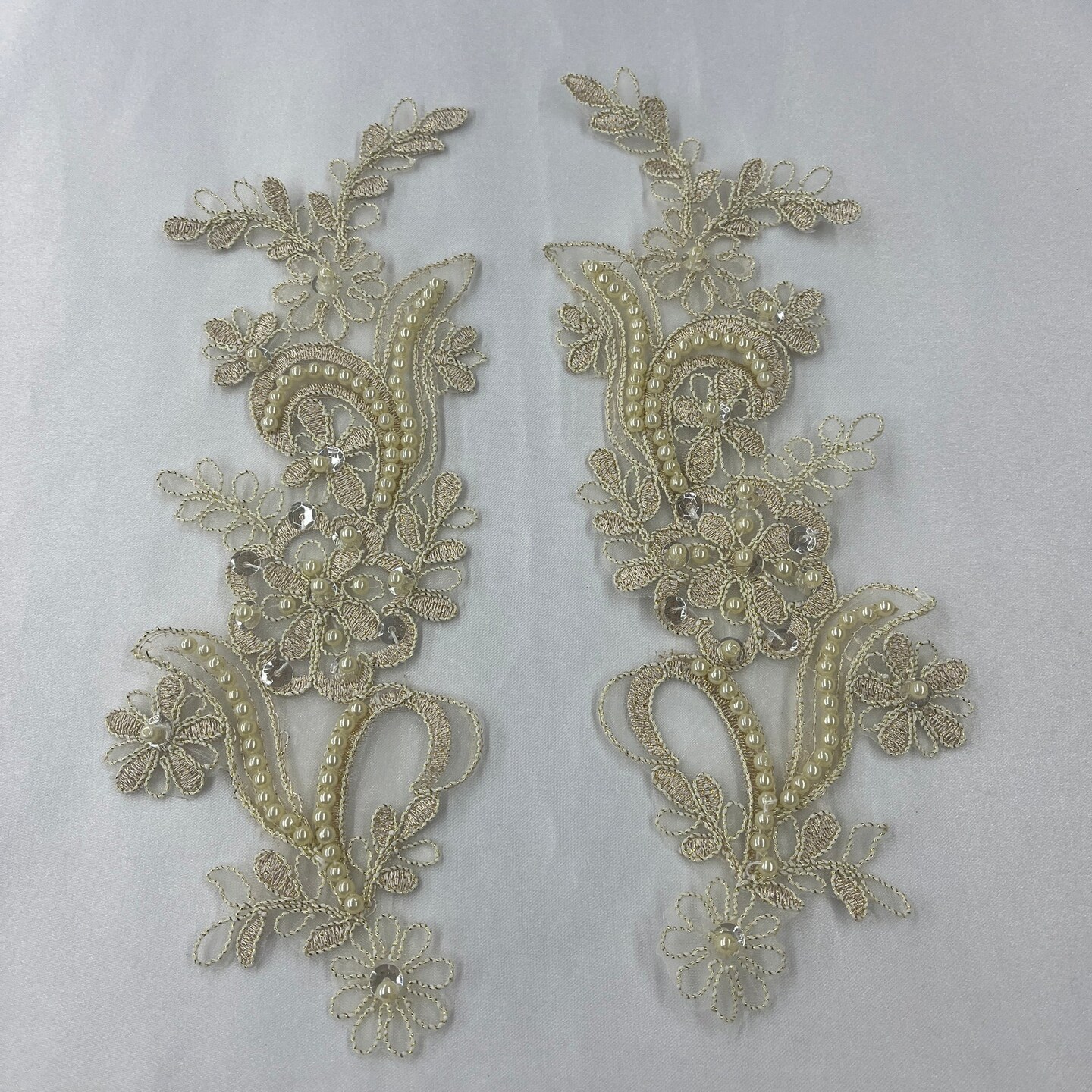 1 Pair Beaded & Corded Floral Lace Applique 9" x 2.5" Each Side