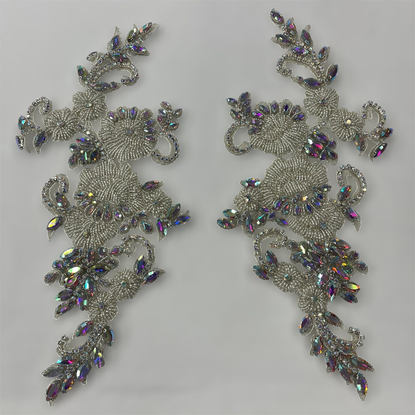 1 Pair Crystal Rhinestone Beaded & Corded Lace 100% Polyester, 12" x 5" Each Side