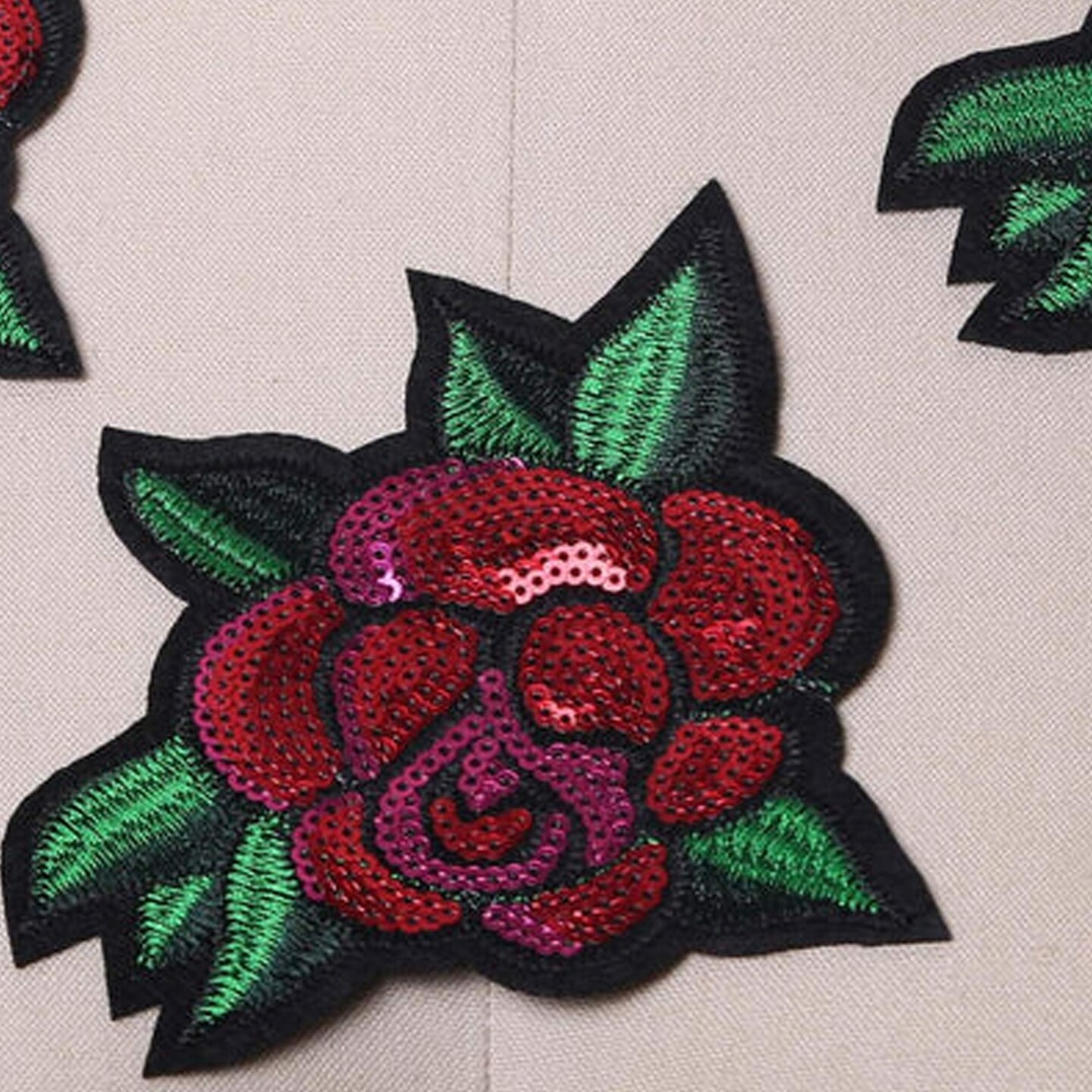 4.5" x 5" Red and Green Leaf Sequined Rose Patch Iron On Applique Embroidery