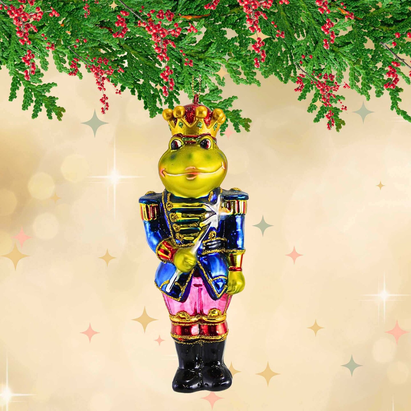 Noble Gems 6.0 Inch Frog Prince Christmas Tree Ornament , Crown Uniform Staff