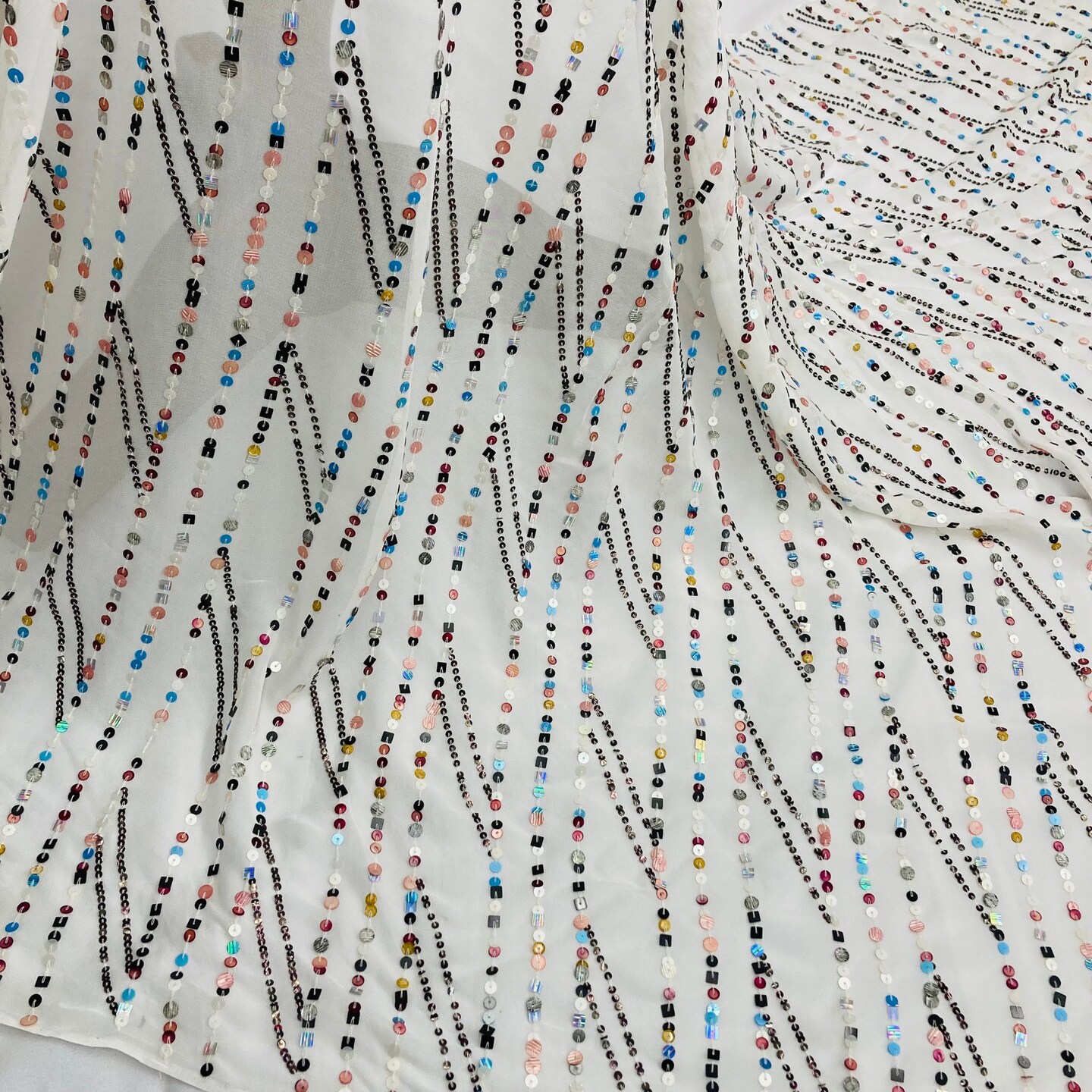 1 Yard White Hand Sequined Chiffon Fabric 48" Wide Sheer Sparkle Material 100% Polyester Bridal & Formal Wear