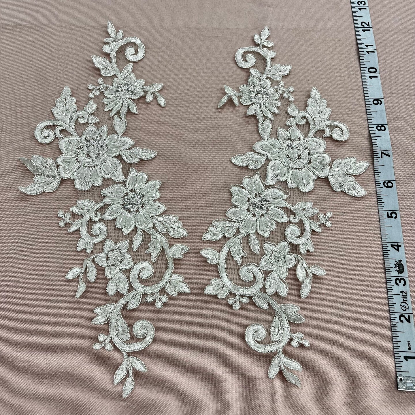 1 Pair Beaded & Corded Floral Lace Applique 100% Polyester Net Mesh 12.5" x 5" Each Side