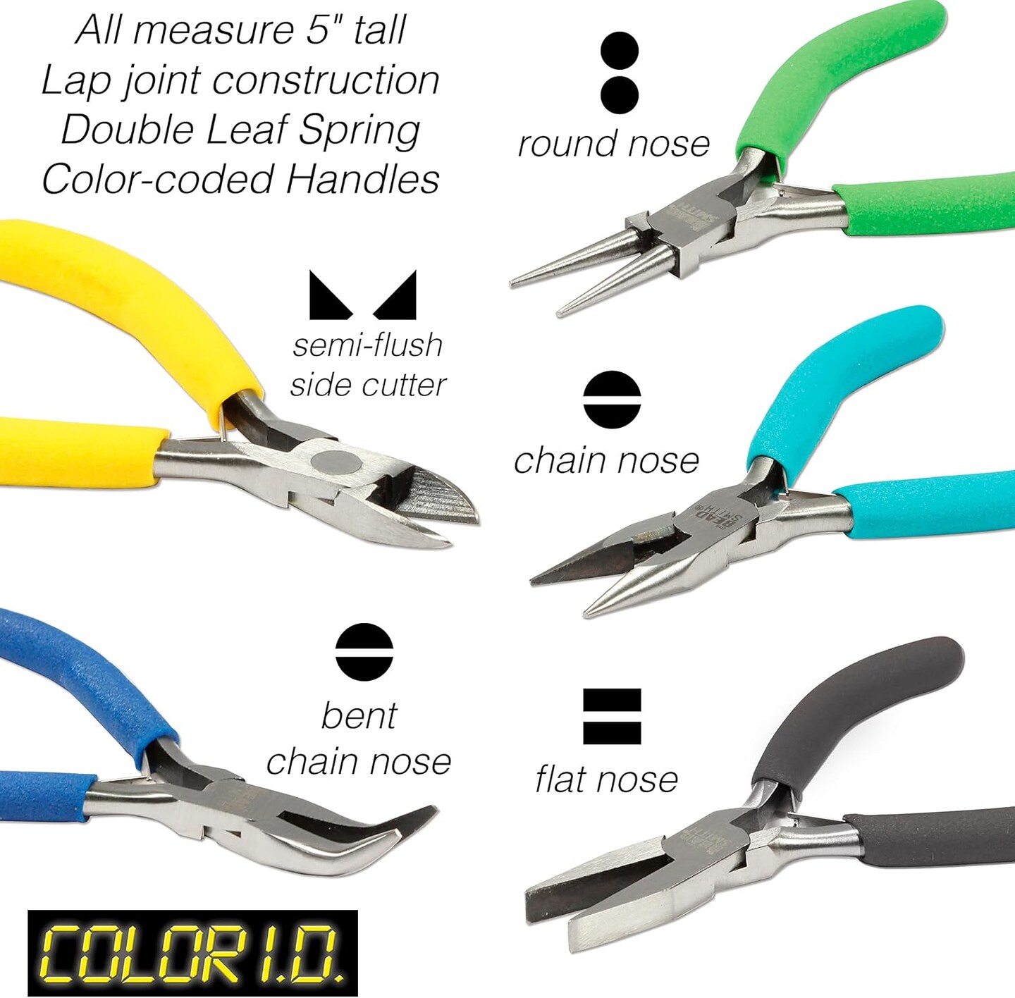 The Beadsmith Color-ID Pliers &#x2013; Color Coded Set &#x2013; 5 Inches, 5 Piece Kit: Chain Nose, Round Nose, Flat Nose, Bent Chain Nose &#x26; Side Cutter &#x2013; Tools for Jewelry Making