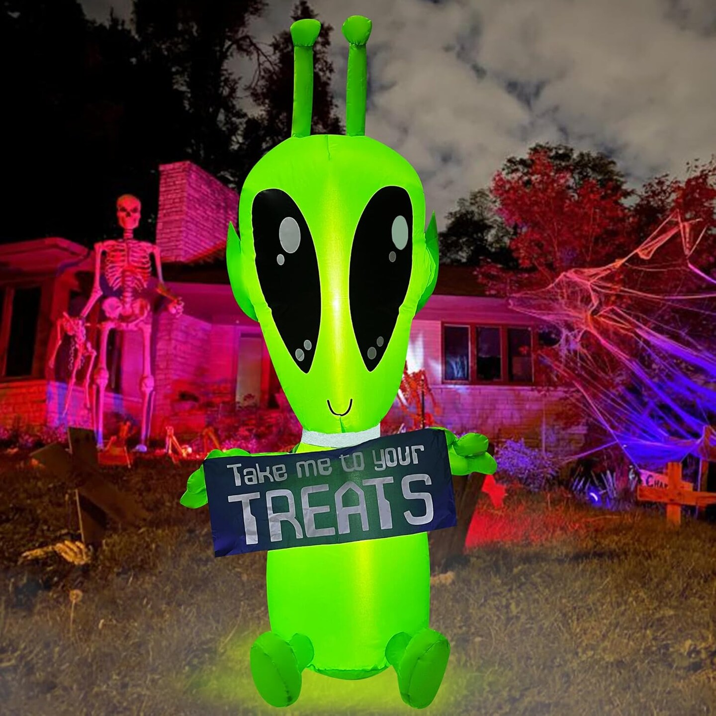 4 FT Halloween Inflatable Alien with Banner Decoration, Built-in LED