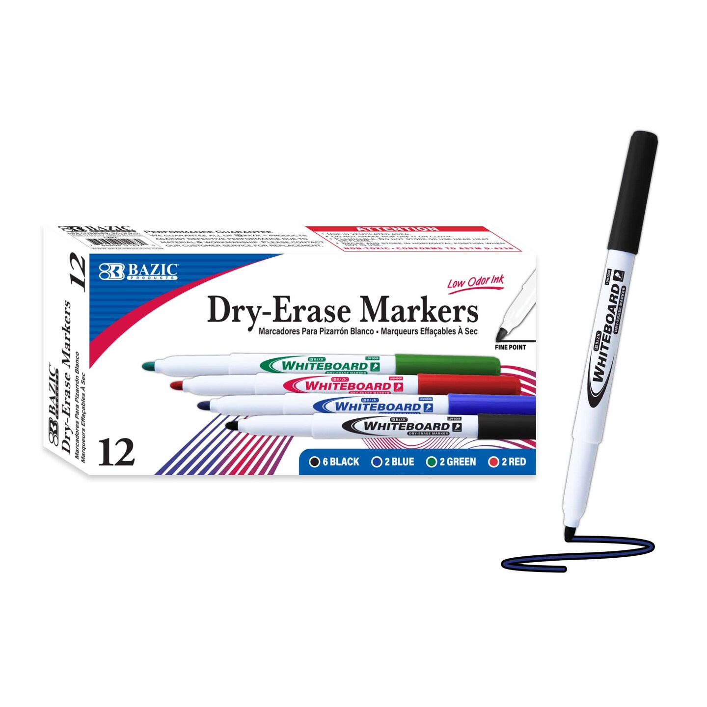 BAZIC Assorted Colors Fine Tip Dry-Erase Markers (12/Box)