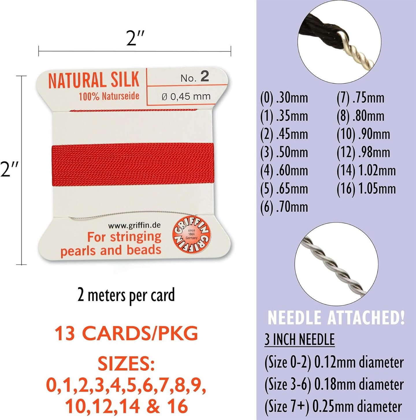 Griffin Silk Bead Cord Perlseide – Size Assortment 0-16 – 2 Meters per Card – Stainless Steel Needle Attached – for Knotting Pearls, Gemstones, Crystals and Beads