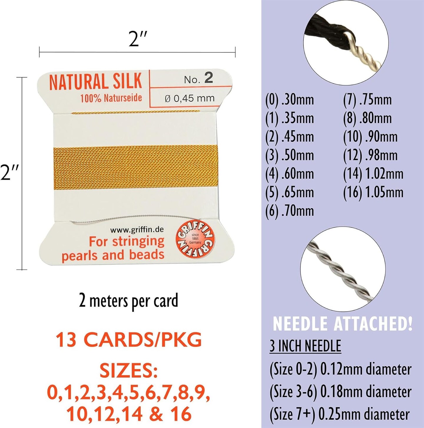 Griffin Silk Bead Cord Perlseide – Size Assortment 0-16 – 2 Meters per Card – Stainless Steel Needle Attached – for Knotting Pearls, Gemstones, Crystals and Beads