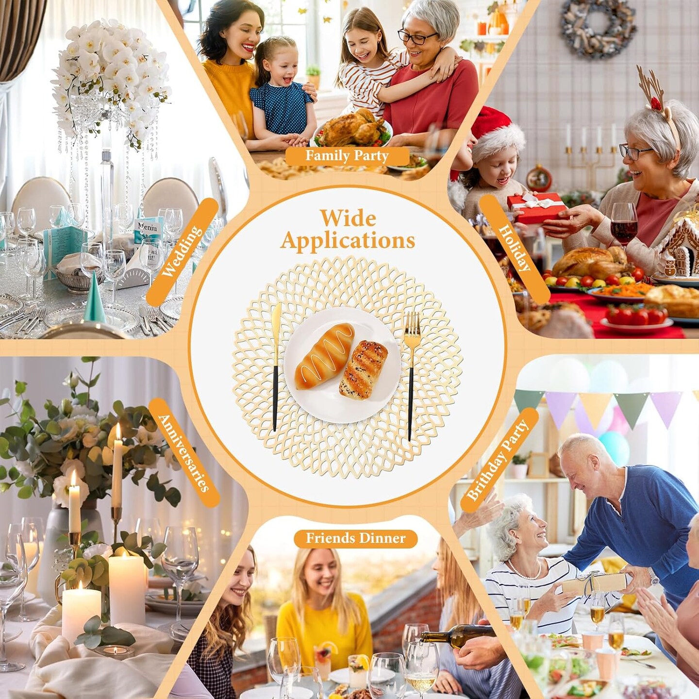 48 Packs Gold Round Placemats 15 Inch Hollow Out Pressed Vinyl Place Mats Bulk, Non Slip Washable PVC Chargers Place Mat for Christmas Dining Wedding Holiday Party Home Kitchen Dinner Table