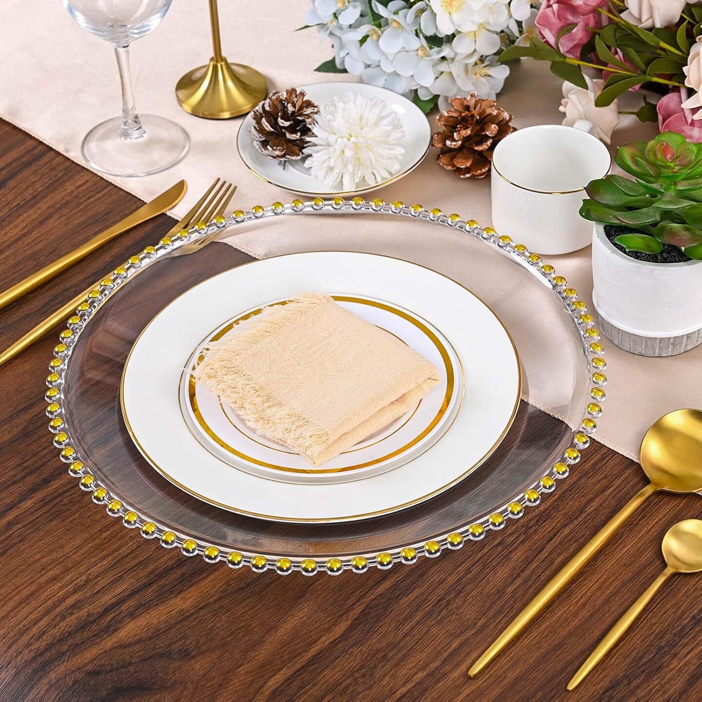 24 Pack Gold Clear Charger Plates With Beaded Rim, 13 Inch Dinner Charger Plates, Bulk Plastic Floral Table Charger Plates for Dinner Wedding Table Setting Decoration(Gold)