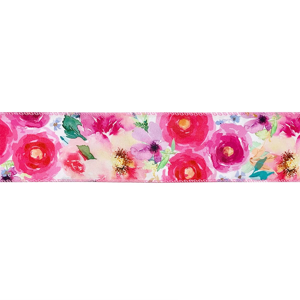 Designer's Shop WR 63-5199 Spring Summer Pink-Red Wild Rose floral and green leaf on white satin wired edge ribbons, 2.5" x 10 yards